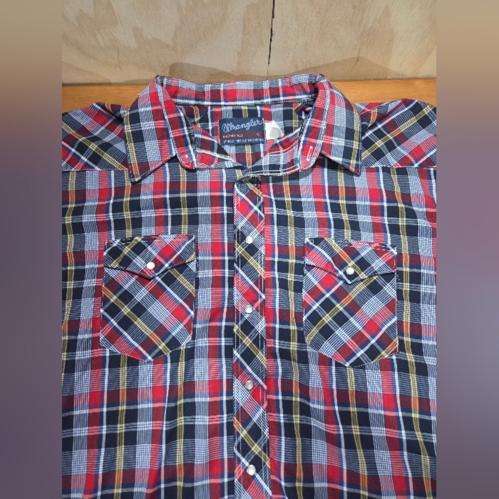 Wrangler Western Plaid Snap Button Shirt Men's XL X-Long Tails Red Blue‎ Yellow - Picture 3 of 12